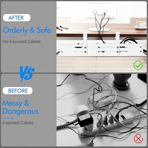 No Drill Under Desk Cable Management Tray, 17”-30” Retractable Cord Organizer for Table, Clamp Mount Wire Basket, Power Strip Holder & Metal Cord Organizer for Office, Home, White - Image 3