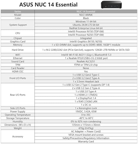 NUC 14 Essential NUC14MNK150 Mini PC - Intel N150 IntelGraphics, DDR5-4800, Wi-Fi 6E, Triple 4K Display, 2.5GbE LAN, 0.56L Compact Desktop for Office & Business(Barebone No RAM/SSD/OS) - Image 2