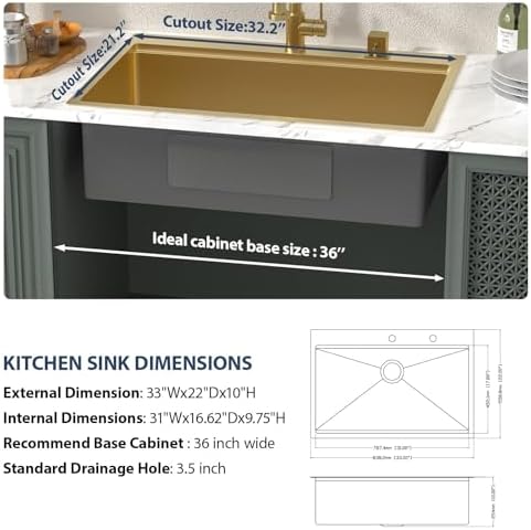 Lordear 33 Inch Drop In Kitchen Sink 33x22 Gold Single Bowl Workstation Stainless Steel 16 Gauge Handmade Topmount Kitchen Sinks with Cutting Board - Image 7