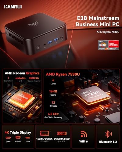KAMRUI Mini PC Ryzen 7530U 16GB LPDRR RAM 512GB SSD Micro Gaming Computer - Image 2