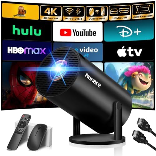 [Built-in Apps & 2026 Upgraded] Mini Projector with WiFi 6 and Bluetooth 5.2 Support 4K 1080P Auto Keystone 270° Rotatable Projector Portable Compatibile with HDMI/TV Stick/Memory Stick/Laptop, Black by NoneteProjector