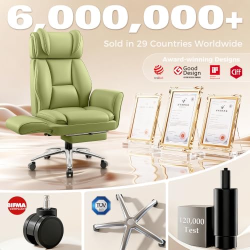 Big and Tall Office Chair, Flip Armrests for Pets & Cross Legged Sitting, Ergonomic Leather Executive Desk Chair with Foot Rest, High-Back Reclining Computer Chairs for Home Office Gaming, Green - Image 3