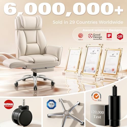 Big and Tall Office Chair, Flip Armrests for Pets & Cross Legged Sitting, Ergonomic Leather Executive Desk Chair with Foot Rest, High-Back Reclining Computer Chairs for Home Office Gaming, Beige - Image 3