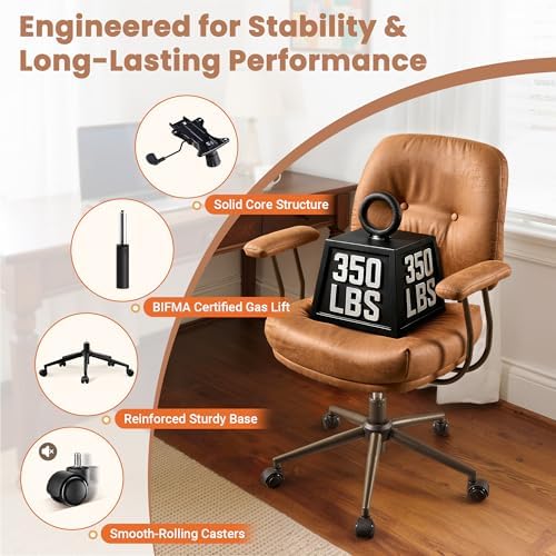 Leather Home Office Chair, Mid Back Ergonomic Desk Chair with Lumbar Support, Mid Century Modern Deep Seat Swivel Rocking Computer Chair, Brown - Image 6