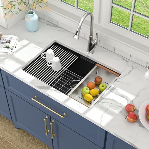 Lordear Undermount Kitchen Sink Composite Granite Sink Quartz Sinks Workstation 28 Inch Black Under Counter Kitchen Sinks 28x19 Inch - Image 4