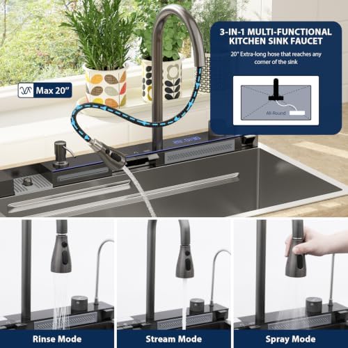 Lordear 33 Inch Drop In Smart Kitchen Sink with Waterfall Faucet - Image 7