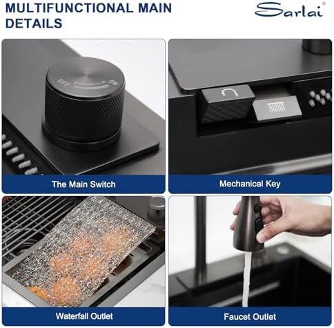 Sarlai Waterfall Kitchen Sink - 33 Inch Drop In Workstation Sink With Waterfall Black Stainless Steel 16 Gauge Multifunction Single Bowl Smart Top Mount Kitchen Sinks with Mechanical Keys 33x19x9 Inch - Image 6