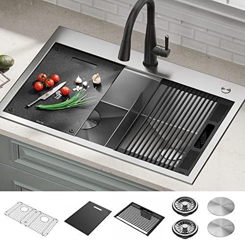 DELTA FAUCET Rivet 33-Inch Workstation Kitchen Sink Drop-In Top Mount 16 Gauge Stainless Steel 50/50 Double Bowl with WorkFlow Ledge and Chef’s Kit of 8 Accessories, 95A931-33D-SS - Image 2