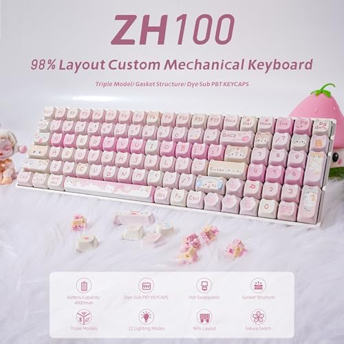 ZORNHER ZH100 Wireless Cat Mechanical Keyboard,98% Pink Cute Creamy Keyboard with Number Pad,Full Size Girly Kitty Gaming Keyboard,Meow Meow Squad Keycaps,Creamy Souding Linear Switches - Image 2