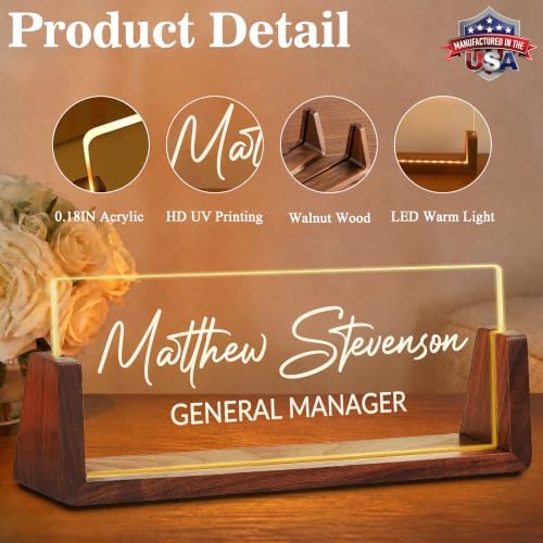 Custom Name Plate for Desk with LED Walnut Frame, Office Desk Decor - Image 2