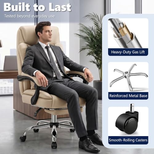Ergonomic Executive Office Chair PU Leather High Back, 400lbs Heavy Duty Reclining Desk Chair with Footrest, Adjustable Lumbar Support, Padded Armrests, Wide Seat, Khaki - Image 6