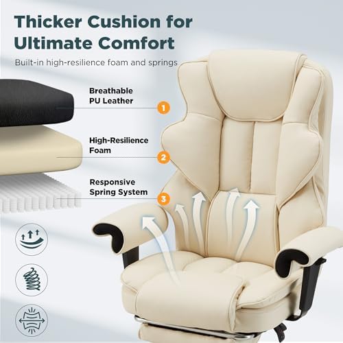 HOMREST Ergonomic Executive Office Chair, 6-Point Massage Manager Chair with Heating Function, Adjustable Backrest Home Office Chair with Adjustable Footrest and Armrests (Beige) - Image 6