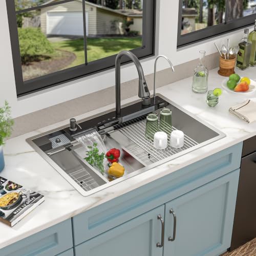 33"x22" Drop In Waterfall Kitchen Sink - 16 Gauge 304 Stainless Steel Ledge Workstation Top Mount Single Bowl Smart Waterfall Sink Basin with Faucet Combo & Glass Rinser - Image 2