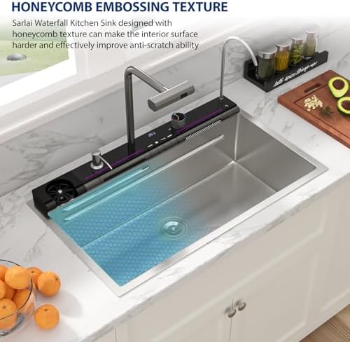 Sarlai 30 Inch Waterfall Kitchen Sink - 30x19 Inch Drop In Workstation Sink With Waterfall Stainless Steel 16 Gauge Multifunction Single Bowl Top Mount Kitchen Sinks with HoneyComb Finish - Image 5