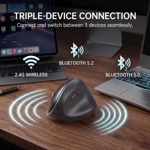 Ergonomic Vertical Mouse, Bluetooth/2.4G, 3-Device, Black - Image 6