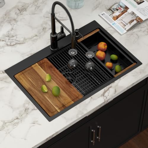 33x22 Black Drop In Kitchen Sink Workstation with Accessories - Image 2