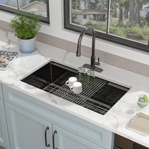 30"x19" Gunmetal Black Undermount Kitchen Sink Ledge Workstation - Image 3
