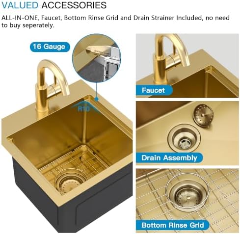 15"x15" Gold Bar Prep Sink Drop In Workstation with Faucet Combo - Image 7