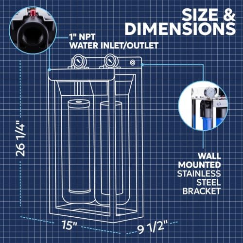 2-Stage Water Filter System 20x4.5 inch Comes with Sediment & Carbon Filters | Prefilter, Wrench, Gauge & Release, Freestanding Steel Frame Included - Image 5