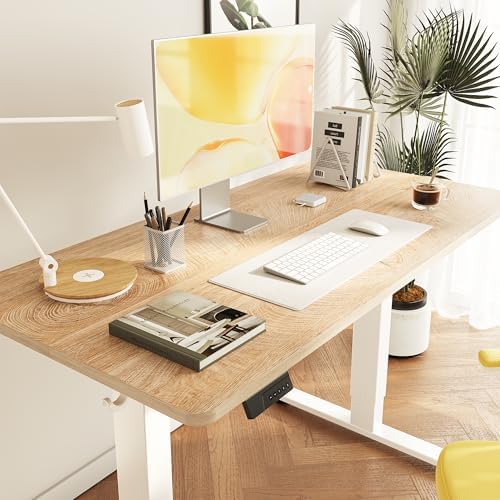 DESINO Standing Desk, 55 × 24 Inches Electric Height Adjustable, Sit and Stand Up, Computer Office Desk with Splice Board, White Frame/Oak TOP - Image 2