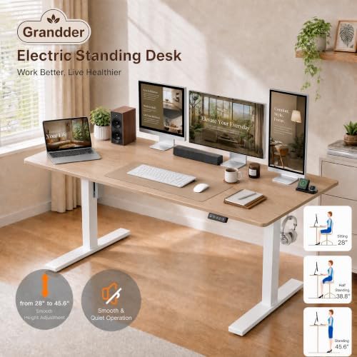 Grandder 47x32 Large Electric Standing Desk, Height Adjustable Computer Desk with 2 Memory Presets, 31.5" Deep Desktop Sit Stand Desk Home Office Desk Workstation Table with Hooks, Maple - Image 6