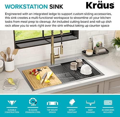 Kraus KWT310-33/5.5 Kore ADA Workstation 33-inch Drop-In Topmount 16 Gauge Stainless Steel Single Bowl Kitchen Sink with Accessories, 33 Inch - Image 6