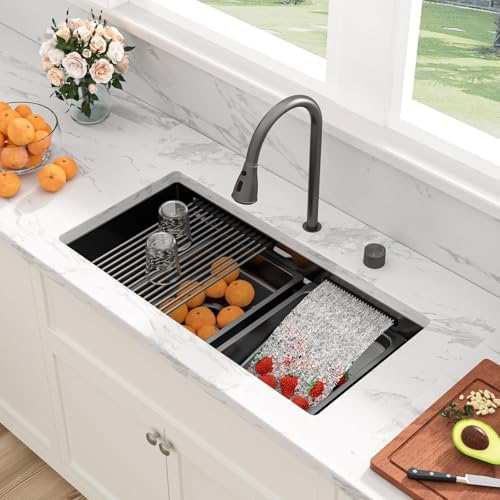 Sarlai 33 Inch Waterfall Kitchen Sink Black Undermount Workstation Sink by Sarlai