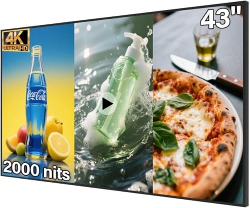 43 inch 4K Digital Signage Display, 2000nits High Brightness, LCD Monitor Slim Fit Frameless Advertising Display, Wall Mount Digital Display, CMS Remote Publishing, 7/24 Timer Switch, Built-in Speaker by 360SPB