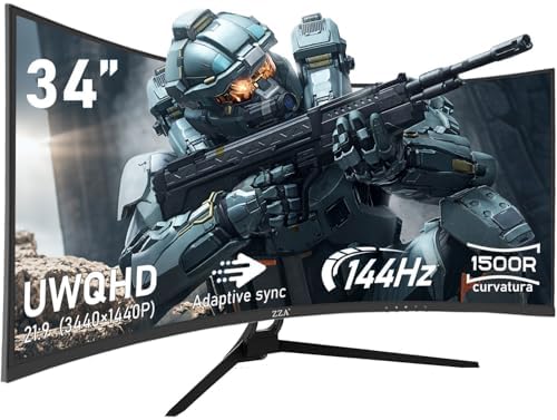ZZA 34 Inch Monitor Curved Ultrawide,34 Inch Gaming Curved Monitor R1500 144hz Refresh WQHD 3440x1440,Computer Monitors 1ms, FreeSync & G-Sync,HDR10,122% sRGB,VESA by ZZA