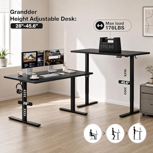 Grandder 47x32 Large Electric Standing Desk, Height Adjustable Computer Desk with 2 Memory Presets, 31.5" Deep Desktop Sit Stand Desk Home Office Desk Workstation Table with Hooks, Black - Image 5