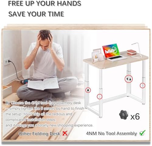 4NM No Tool Assembly 31.5" Small Desk, Folding Portable Desk with Wheels, Foldable Computer Home Office Desks, Collapsible Study Writing Table for Space Saving Bedroom - Cloud Oak - Image 6