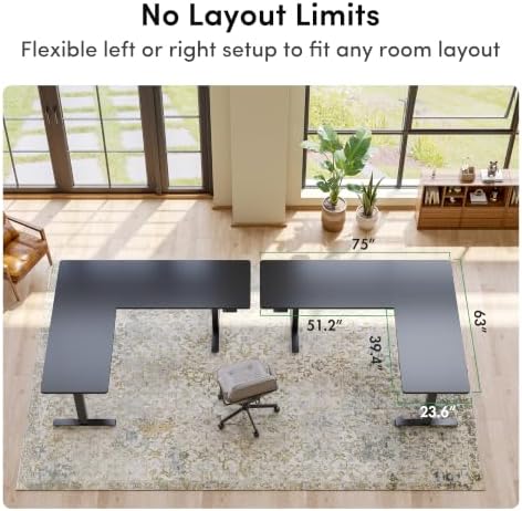 FEZIBO 75" x 63" L-Shaped Standing Desk - Adjustable Corner Desk L Shape, L-Shaped Adjustable Desk with Splice Board, L Shape Standing Desk, Black - Image 3