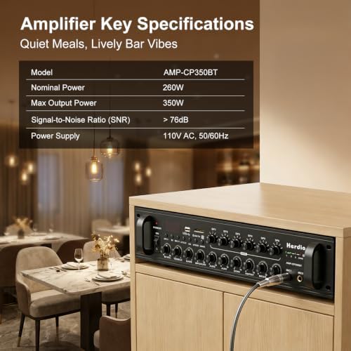 Herdio 350W 6-Zone 70V Commercial Bluetooth Amplifier, USB/SD/RCA/Mic/FM/Optical Inputs for Restaurants/Offices| Compatible with 4-16Ω Speakers - Image 2