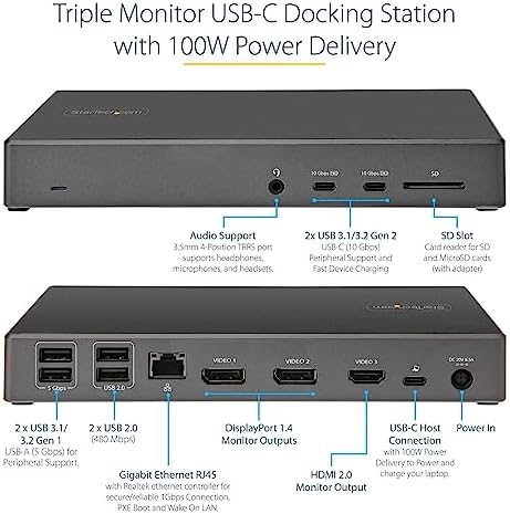 StarTech USB-C Triple 4K Dock with 100W PD, DP 1.4 DSC, 6-Port 10Gbps, GbE - Image 2