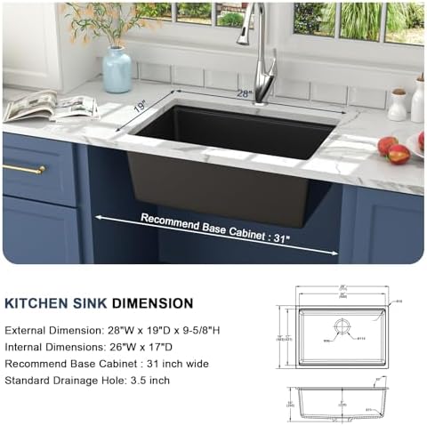Lordear Undermount Kitchen Sink Composite Granite Sink Quartz Sinks Workstation 28 Inch Black Under Counter Kitchen Sinks 28x19 Inch - Image 5