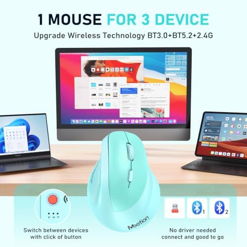 MEETION Ergonomic Wireless Vertical Mouse, Rechargeable, Green - Image 3