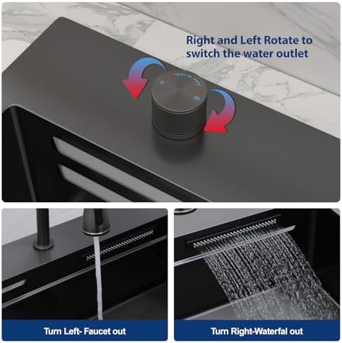 Sarlai 33 Inch Black Waterfall Kitchen Sink Drop In - 33x22 Inch Drop In Waterfall Sink Ledge Workstation Black Stainless Steel 16 Guage Single Bowl Kitchen Basin with Faucet - Image 4