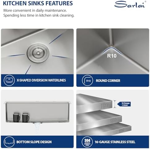 Sarlai 36 Inch Drop In Kitchen Sink - 36x22 Drop Kitchen Sink Ledge Workstation 16 Gauge Stainless Steel Sink Topmount Single Bowl Over Counter Kitchen Sinks Basin Round Corners - Image 5