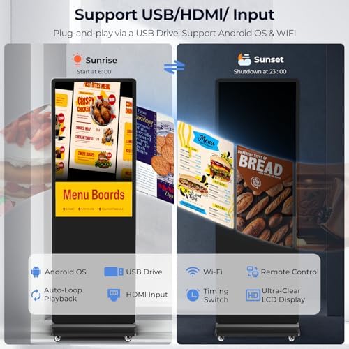 32/43/55/65 Inch Digital Signage Display, LCD Screen Advertising Display Kiosk Interactive Totem Floor Standing Auto AD Player with USB/HDMI/WiFi Android OS (32'' Non-Touch) - Image 4