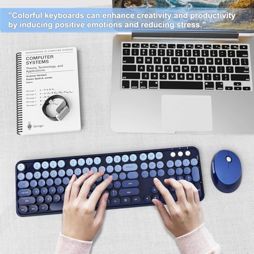Wireless Keyboard and Mouse Combo, Ergonomic Full Size Typewriter Retro Round Keycaps Keyboard, Compatible with Windows, PC, Perfer for Home and Office Keyboards (Twilight Blue - Image 7