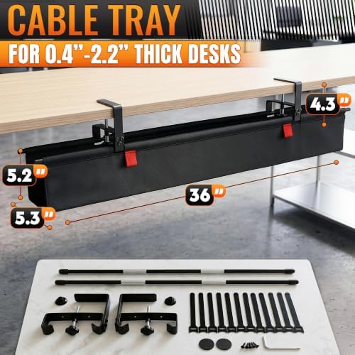 Under Desk Cable Management Tray 36" — No Drill Clamp-On Cord Organizer for Desk with Built-in Ties, Heavy Duty Metal Clamp, Foldable 600D Oxford Fabric for Home Office, WFH & Gaming PC Setup (Black) - Image 2