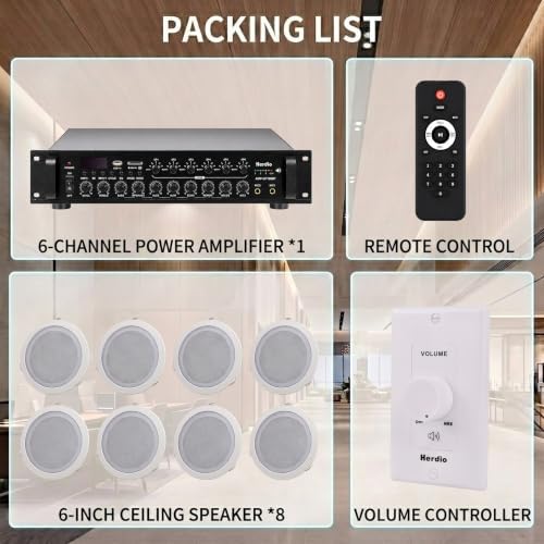Herdio 180W 70V Commercial Bluetooth Amplifier System with 8-Pack 6 Inch Ceiling Speakers, USB/SD/Optical/Mic Inputs, 15W/7.5W/3W Adjustable Taps for Restaurant Bar Cafe Office - Image 7