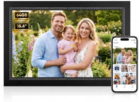 WiFi Digital Picture Frame, 15.6 Inch Large Display, 64GB Memory, 1920×1080 IPS Touch Screen, Wall‑Mountable & Tabletop, Share Photos & Videos via AiMOR App, for Loved Ones by Roxmages