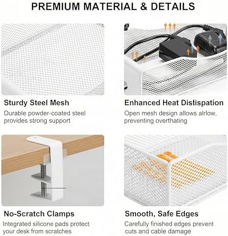 Extra Wide Under Desk Cable Management - 7inch No Drill Installation Cable Management Tray, Clamp/Screw Mount Desk Cable Management, Cable Management Tray for Office, Home((White, XL) (Pack of 2) - Image 6