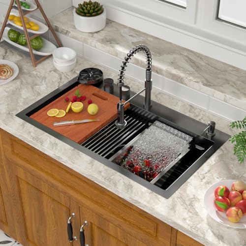 Mocoloo 33 Inch Black Honeycomb Waterfall Kitchen Sink Drop in, 33x19 Inch Stainless Steel Workstation Sink 16 Gauge Topmount Single Bowl Sink with Complete Kit - Image 3