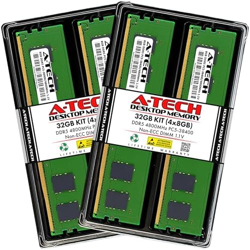 A-Tech 32GB Kit (4x8GB) DDR5 4800MHz PC5-38400 CL40 UDIMM 1.1V Non-ECC Unbuffered DIMM 288-Pin Desktop PC/Computer RAM Memory Upgrade Modules by A-TechComponents