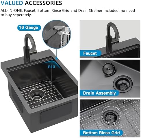 15"x20" Black Bar Prep Sink Drop In Workstation with Faucet Combo - Image 7