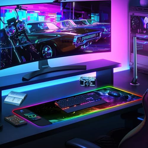 AIMSA Wireless Charging RGB Gaming Mouse Pad 15W, Extended LED Desk Mat Protector 800x300x4MM, 14 Light Modes Extra Large Mousepad Non-Slip Rubber Base Desk Mat, Nebula Universe - Image 6
