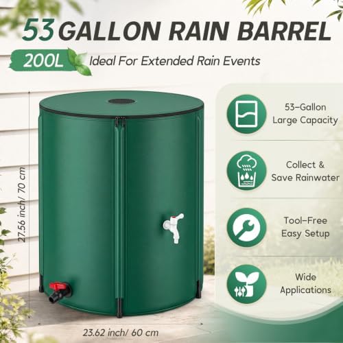 Waydress Collapsible Rain Barrel, Portable Rainwater Collection System with Spigots, Mesh Filter & Overflow Kit, Leak-Proof Foldable PVC Water Storage Tank for Garden, Car Washing(53 Gallon,Green) - Image 2