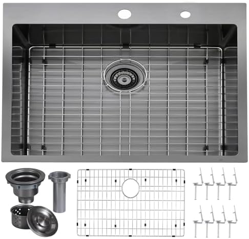 VAPSINT 28x18 Inch Black Drop In Kitchen Sink, 28 Inch Gunmetal Black Top Mount Extra-Thick Stainless Steel Single Bowl Sink RV Laundry Utility Prep Sink with Drain Strainer & Metal Grid by VAPSINT